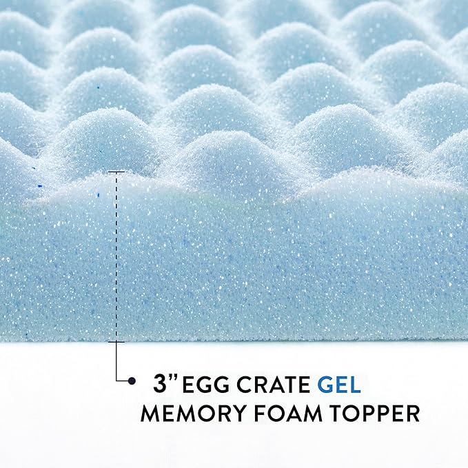 Best Price Mattress 3 Inch Egg Crate Memory Foam, Cooling Gel Infusion, Full Mattress Topper, Dorm Essentials, Blue