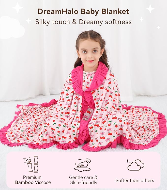 Premium Baby Blankets, Soft Viscose from Bamboo Blanket for Girls, Nursery Crib Bedding Quilt for Newborn and Toddler, Ruffle Blanket Cooling for Hot Sleepers, 50''x50'' Sweet Cherries