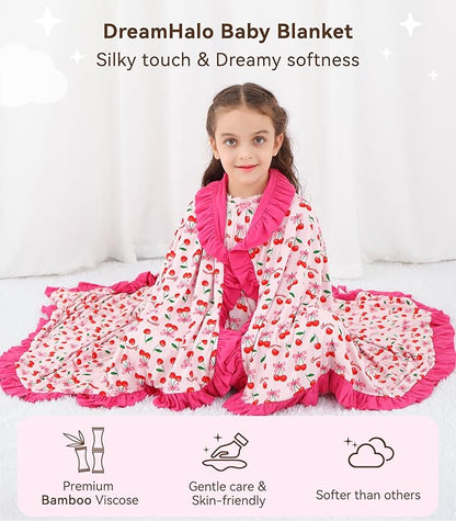 Premium Baby Blankets, Soft Viscose from Bamboo Blanket for Girls, Nursery Crib Bedding Quilt for Newborn and Toddler, Ruffle Blanket Cooling for Hot Sleepers, 50''x50'' Sweet Cherries