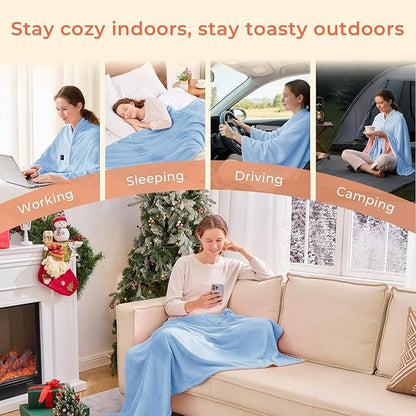 JOLLYVOGUE USB Heated Blanket Throw, Wearable & Portable Heating Electric Blanket for Adults, 3 Levels & 8 Heating Zone Shawl for Indoor & Outdoor, Light Blue (Battery Not Included)