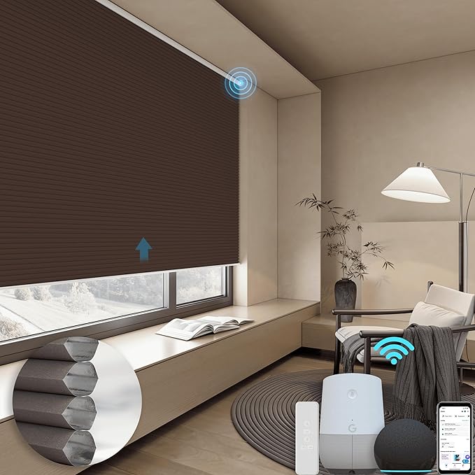 Motorized Cellular Shades with Remote, Blackout Smart Cellular Shades Compatible with Alexa, Cordless Honeycomb Window Blinds for Bedroom Home Office, Custom Size, Blackout Brown