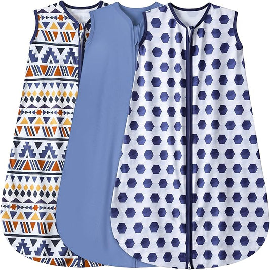 3 Pack Baby Sleep Sack 100% Rayon Cotton Baby Sleeping Bag 2-Way Zipper Toddler Wearable Blankets TOG 0.3. (Soccer&Triangles&Blue, 18-24 Months)