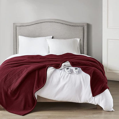 Serta Heated Blanket - Reversible Fleece to Sherpa Electric Blanket, Fast Heating, Auto Shut Off Timer, Multi Heat Setting, ETL Certified, Machine Washable, Berry Red Twin 84"x 62"