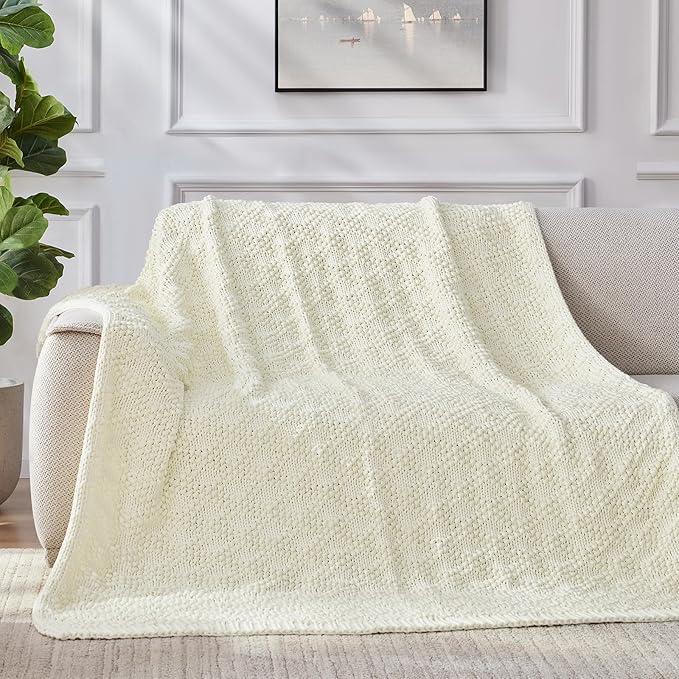 Knitted Weighted Blanket for Adult, Chunky Knit Weighted Throw for Sleep 40"*60" 7lbs, Cooling Breathable Heavy Blanket for Hot Sleepers, Machine Washable Blanket for Room Decor(Ivory White)