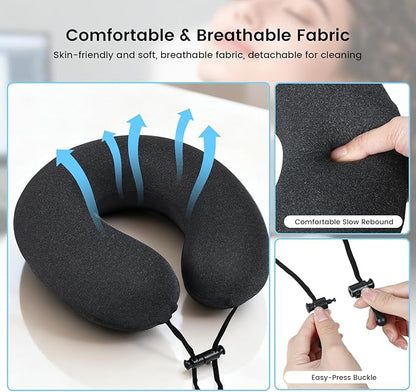 Intelligent Support Memory Foam Pillow，Adjustable Massage Pillow – Multi-Use Ergonomic Neck Pillow for Office Naps,Travel, Recliner Headrest – Portable (Black Pillow+Black Plastic Stand)