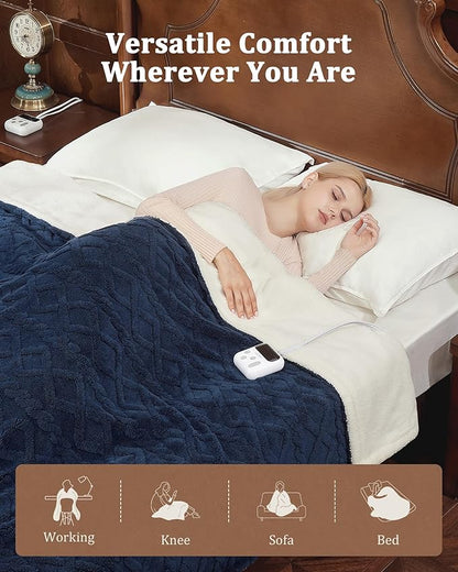 CAROMIO Electric Blanket Queen Size Dual Control - Thick Tufted Sherpa Heated Blanket Queen with 6 Heat Levels and 20 Time Settings, ETL Certified Fast Heating Blanket Queen Size 84"×90", Navy Blue