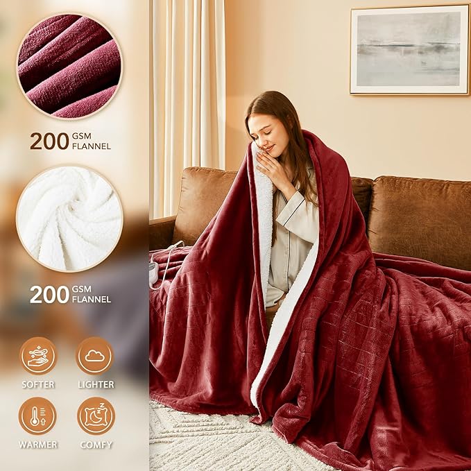 Homemate Electric Heated Blanket King - 100"x90" Heating Bed Blankets Throw with 10 Heating Levels 8 Hours Auto Off Fast Heating Over-Heated Protection Ultra Soft Warm Flannel ETL Certified Red