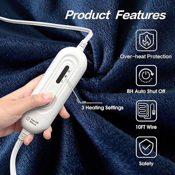 Tefici Electric Heated Blanket Twin,Super Cozy Soft 2-Layer Flannel 62" x 84" Heated Twin Size with 3 Heating Levels 8 Hours Auto Off, Machine Washable, ETL and FCC Certified, Home Office Use, Blue