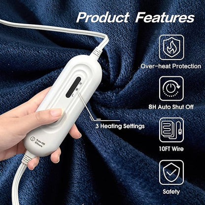 Tefici Electric Heated Blanket Twin,Super Cozy Soft 2-Layer Flannel 62" x 84" Heated Twin Size with 3 Heating Levels 8 Hours Auto Off, Machine Washable, ETL and FCC Certified, Home Office Use, Blue