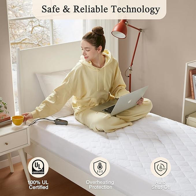 Beautyrest Cotton Heated Mattress Pad - Bed Warmer with 20 Heat Settings Controller, Auto Shut Off Timer, All Around Elastic Deep Pocket, UL Certified, Machine Washable, White Twin XL