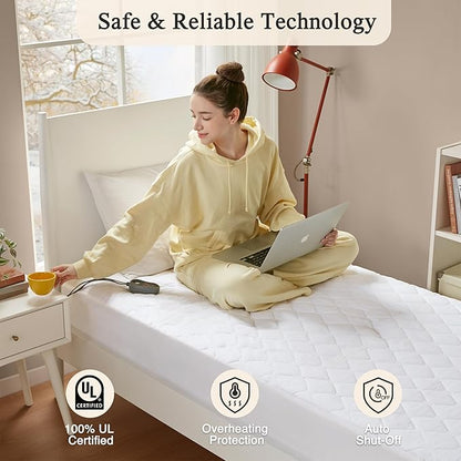 Beautyrest Cotton Heated Mattress Pad - Bed Warmer with 20 Heat Settings Controller, Auto Shut Off Timer, All Around Elastic Deep Pocket, UL Certified, Machine Washable, White Twin XL