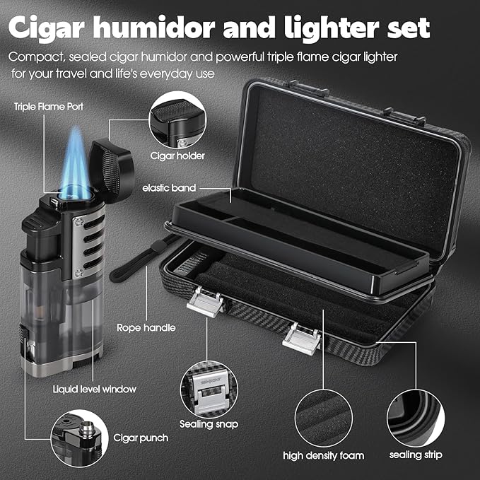 Cigar Humidor, Portable Travel Cigar Box, Double Cigar Humidor with Separate Storage for Cigar Accessories, Cigar Travel Case with Cigar Lighter(No Butane), Holds 5 Cigars (Carbon Fiber)