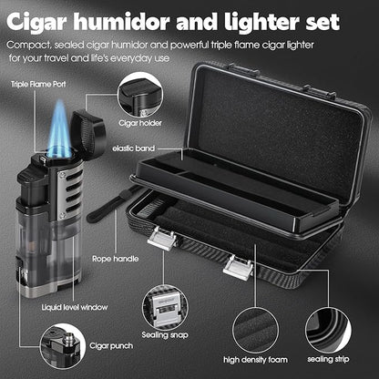 Cigar Humidor, Portable Travel Cigar Box, Double Cigar Humidor with Separate Storage for Cigar Accessories, Cigar Travel Case with Cigar Lighter(No Butane), Holds 5 Cigars (Carbon Fiber)