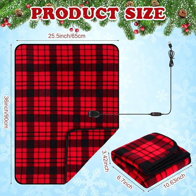 Tuanse 2 Pcs USB Heated Blanket 25"x35" Small Portable 5v 3 Setting Electric Blanket with Timer and Temperature Controller Winter Wearable Recharge Throw for Travel Home(Red and Black Stripes)