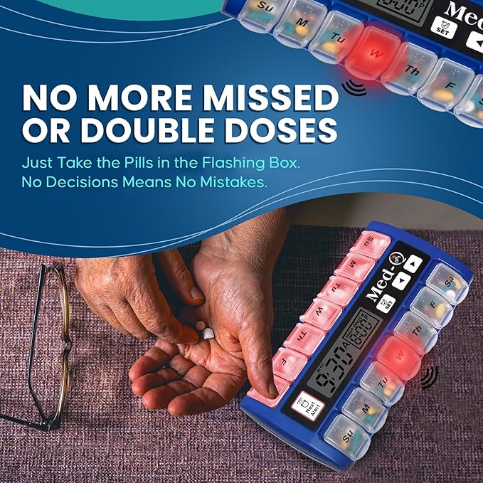 Weekly Pill Organizer with Alarms | Automatic Electronic Pill Box with AM/PM Compartments, Flashing Light, Sound Alerts | Dual Color Combo 2 User | Medication Reminder for Seniors - Blue/White