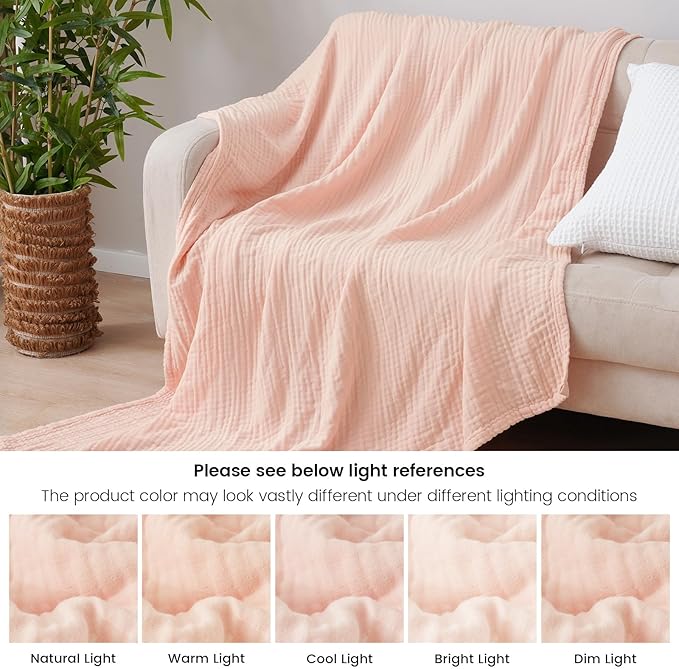 PHF Cooling Muslin Throw Blanket for Hot Sleepers, 60% Viscose from Bamboo, 40% Cotton and 4-Layer Breathable Gauze Blanket for Bed Couch, 50"x60", Pink Rose