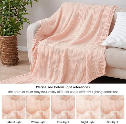 PHF Cooling Muslin Throw Blanket for Hot Sleepers, 60% Viscose from Bamboo, 40% Cotton and 4-Layer Breathable Gauze Blanket for Bed Couch, 50"x60", Pink Rose