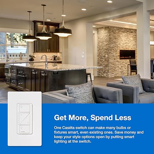 Lutron Caseta Original Smart Dimmer Switch (Lutron Smart Hub Required), for LED Lights, 150 Watt, Single-Pole/3-Way, No Neutral Required, PD-6WCL-WH, White