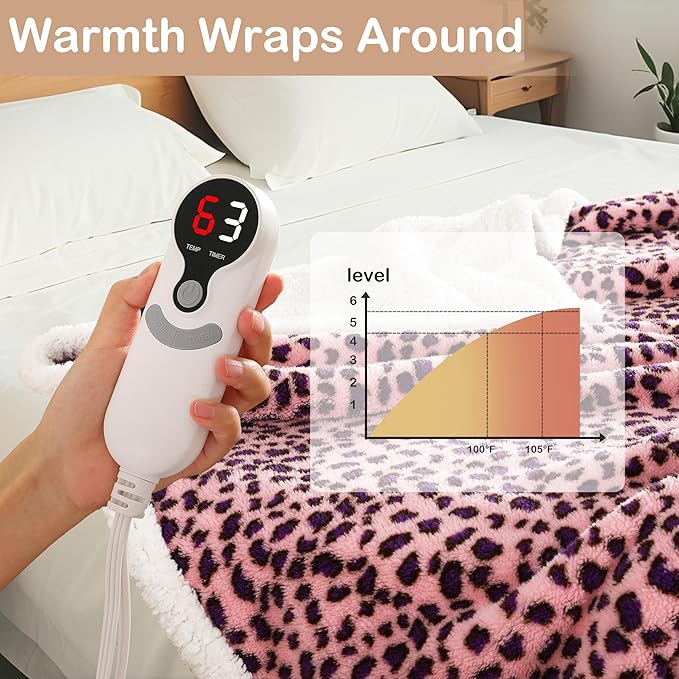 Electric Heated Blanket Full Size 72"×84" with 9 Heating Levels & 1-10Hs Auto Off, Plush Sherpa, Energy Efficient, Machine Washable, for Couch & Bed, Leopard Print Pink & Purple