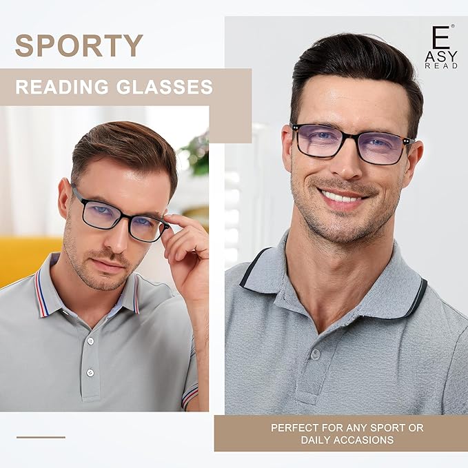 EASY READ 2 Pairs Sporty Style Reading Glasses for Men，Rectangular TR90 Blue Light Blocking Readers with Spring Hinge
