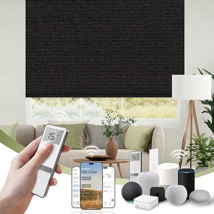 FineTell Motorized Blinds with Remote, 100% Blackout Roller Shades Compatible with Alexa,Apple Homekit,Google Home APP and Voice Control, Customized Electric Blinds (100% Blackout Eclipse Black)