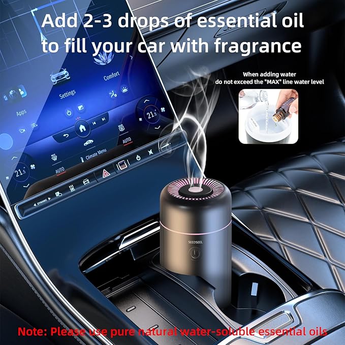 Car Aromatherapy Diffusers for Essential Oils，Mini USB Air Scent Small Humidifier with 7-LED Color Changing for Car Room Home Office Bedroom