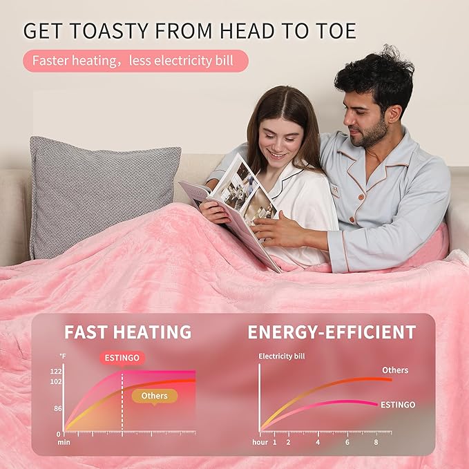 ESTINGO Heated Blanket King, Dual Control Electric Blanket King Size with 5 Heating Levels & 10 Hours Auto Off, Machine Washable Plush Heating Blanket for Bed Office 100" x 90", Pale Pink