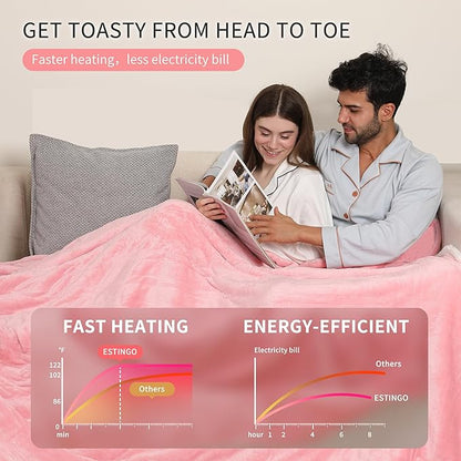 ESTINGO Heated Blanket King, Dual Control Electric Blanket King Size with 5 Heating Levels & 10 Hours Auto Off, Machine Washable Plush Heating Blanket for Bed Office 100" x 90", Pale Pink