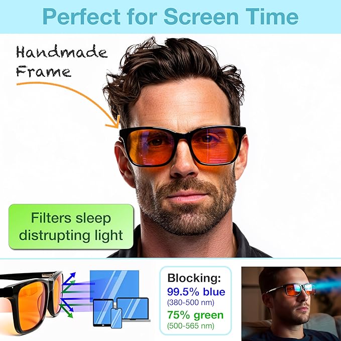 XL Orange Blue Light Blocking Glasses for Better Sleep - 99.5% Premium Acetate Computer Migraine Glasses for Men - Amber Tint Gaming Glasses - TV Blue Light Blockers Gamer Glasses for Eye Strain