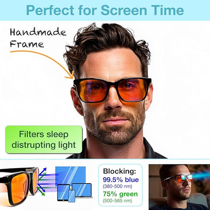 XL Orange Blue Light Blocking Glasses for Better Sleep - 99.5% Premium Acetate Computer Migraine Glasses for Men - Amber Tint Gaming Glasses - TV Blue Light Blockers Gamer Glasses for Eye Strain
