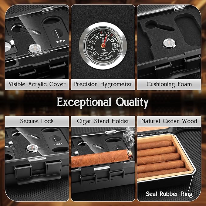 TISFA Cigar Humidor Set Travel Humidor Includes 2 Multifunctional Cutters, Hole Punch, Humidifier, Hygrometer, Portable Cedar Wood Lined Cigar Box Holder Case Gifts for Men (Black)