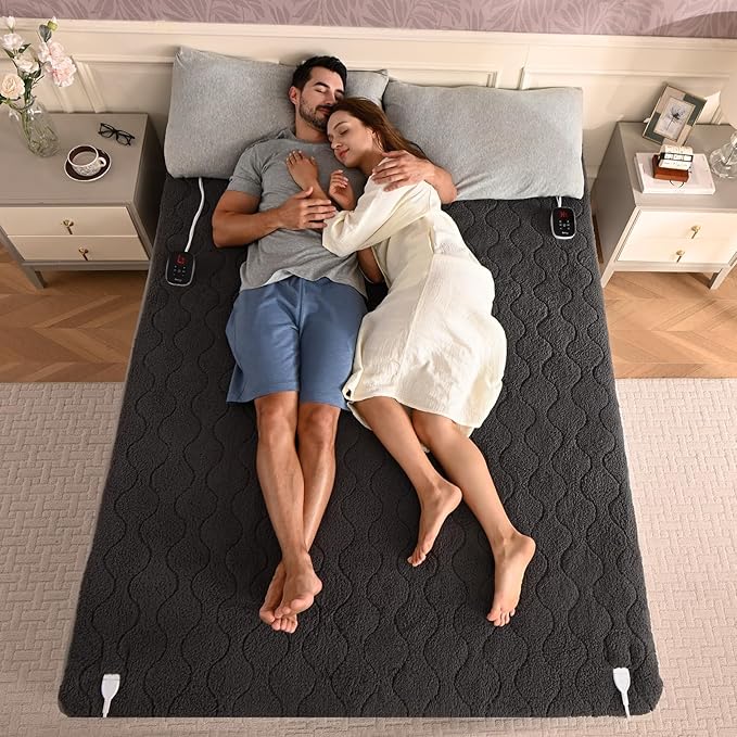 Bearhug Heated Electric Mattress Pads Queen Size Dual Controllers Bed Warmer Sherpa 21” Deep Pocket 10 Heat Settings 12-Hour Timer Machine Washable Gray 60”×80”