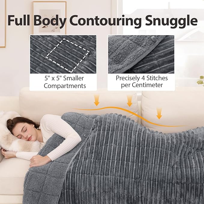 Sherpa Fleece Weighted Blanket with 3D Ribbed Stripes, 12 lbs Soft Flannel Heavy Throw Blanket for Couch Bed Sofa, Heavy Thick Blankets with Glass Beads, Great for Sleep, 48" x 72"