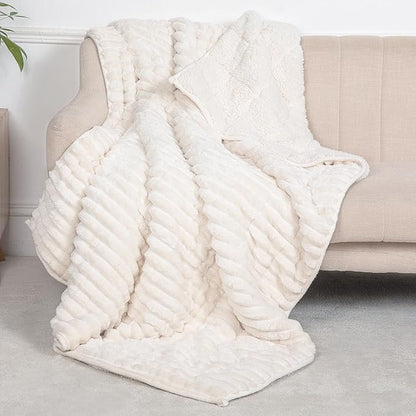 Sherpa Fleece Weighted Blanket with 3D Ribbed Stripes, 15 lbs Soft Flannel Heavy Throw Blanket for Couch Full Size Bed, Heavy Thick Blankets with Glass Beads, Great for Deep Sleep, 60" x 80"