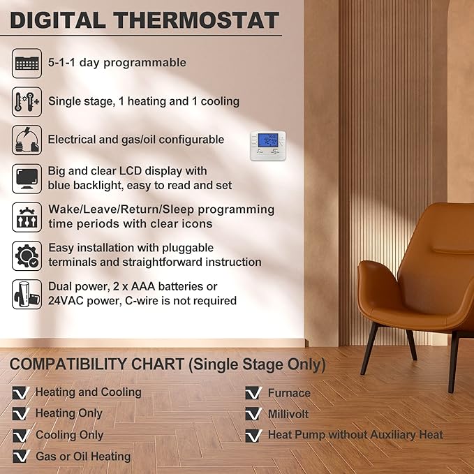 ELECTECK 5-1-1 Day Programmable Digital Thermostat for Home, up to 1 Heat/1 Cool with Large LCD Display, Compatible with Single Stage Electrical and Gas System, White
