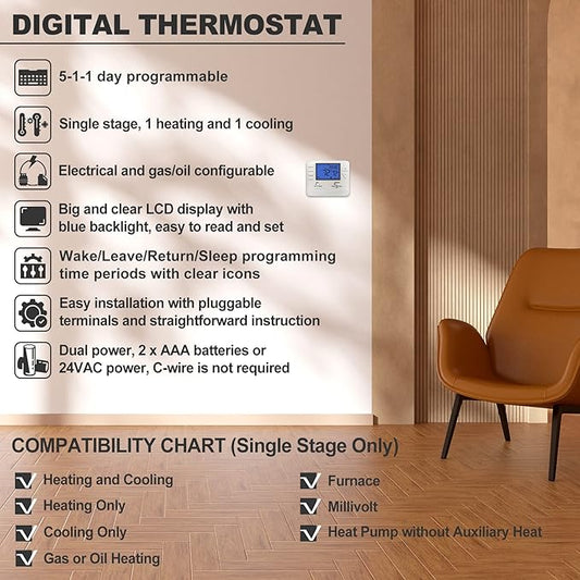 ELECTECK 5-1-1 Day Programmable Digital Thermostat for Home, up to 1 Heat/1 Cool with Large LCD Display, Compatible with Single Stage Electrical and Gas System, White