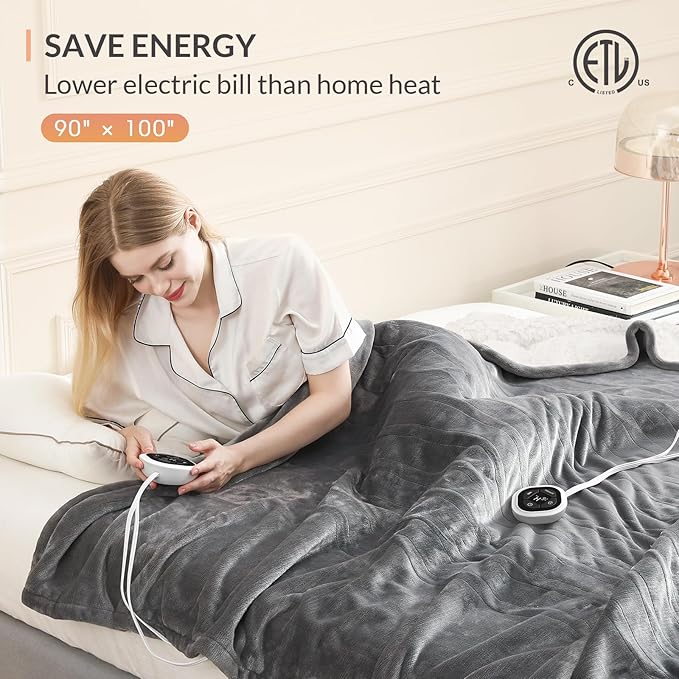 HOMLYNS LuxeHeat Heated Blanket Electric Blanket King Size, Soft Flannel Sherpa Heating Blanket with 10 Heat Settings, 1-10 hrs Timer Auto Shut Off (90x100 inches, Grey)