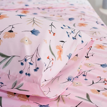 Pink Flower Twin Sheets 3 Piece Set - Botanical Pattern Microfiber Bedding Decor - Breathable, Durable, Up to 16" Deep Pocket Bed Sheet for Girls