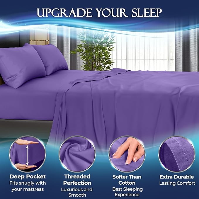 DECOLURE Cooling Sheets Full Set 4pcs - Luxurious & Ultra-Soft Full Size Cooling Sheets for Hot Sleepers - Comfortable Bamboo Viscose Microfiber Full Cooling Bed Sheets w/Deep Pockets (Purple)
