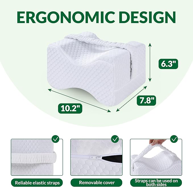 Knee Pillow for Side Sleepers - Between Legs Pillow for Side Sleeping, Back & Sciatica Pain Relief, Joints & Hip, Charcoal Memory Foam Leg Cushion, with Straps & Removable Cover (White)