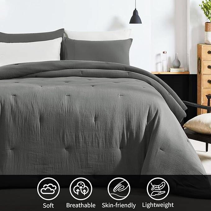 HOMBYS 100% Cotton Muslin Comforter Oversized King 128x120, Lightweight and Breathable Down Alternative Comforter,Soft Gauze Summer Dark Grey Reversible Fluffy Duvet Insert