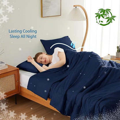 Zaizaihome Natural Bamboo Viscose Comforter Set King Size 3 Pieces, All-Season Soft Breathable Moisture-Wicking Quilt with Matching Pillowcases, Machine Washable, Quilted Fluffy Comforter (Navy Blue)