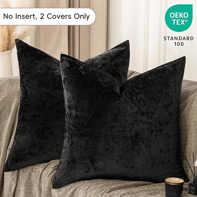 PHF Truly Velvet Throw Pillow Covers, 24"x24", No Insert, 2 Pack Color Gradient Cushion Covers, Ultra Soft Cozy Square Covers Shell for Luxurious Home Decorative, No Shedding, No Pilling, Black