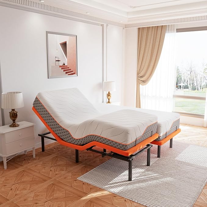 ESHINE Adjustable Bed Frame Split King + Luxury Gel Memory Foam Hybrid 12" Mattress(Medium), 5 Minutes Installation, Wireless Remote, APP Control, Head and Foot Incline, 2000 Series