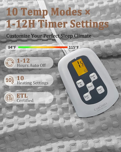 CAROMIO Heated Blanket Full Size, Waffle Weave Electric Blanket Throw with LCD Controller, Fast Heating, 10 Heat Levels & 1-12H Time Settings, ETL Certified, Machine Washable, Grey, 72" x 84"