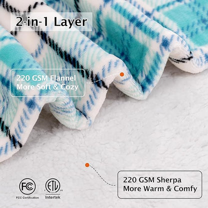 Electric Heated Blanket 50"x60",Fast Heated Throw with 8 Hours Auto Off/8 Heats Levels,Soft Blue Plaid Sherpa Electric Blanket with ETL Certification & Over-Heat Protection