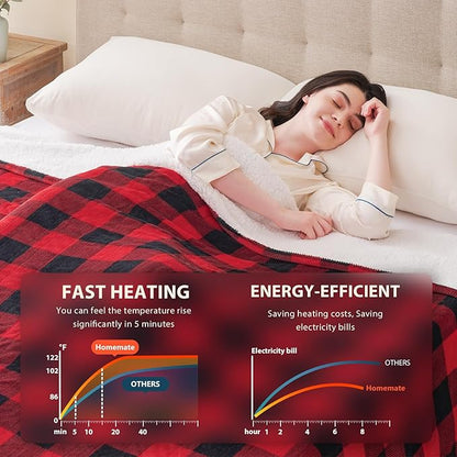 Homemate Electric Blanket Heated Queen Size - 84“x90“ Ultra Soft Cozy Flannel Heating Blanket with 10 Fast Heat Levels 8 Hours Auto Off Over-Heated Protection ETL Certification Keep Warm in Home