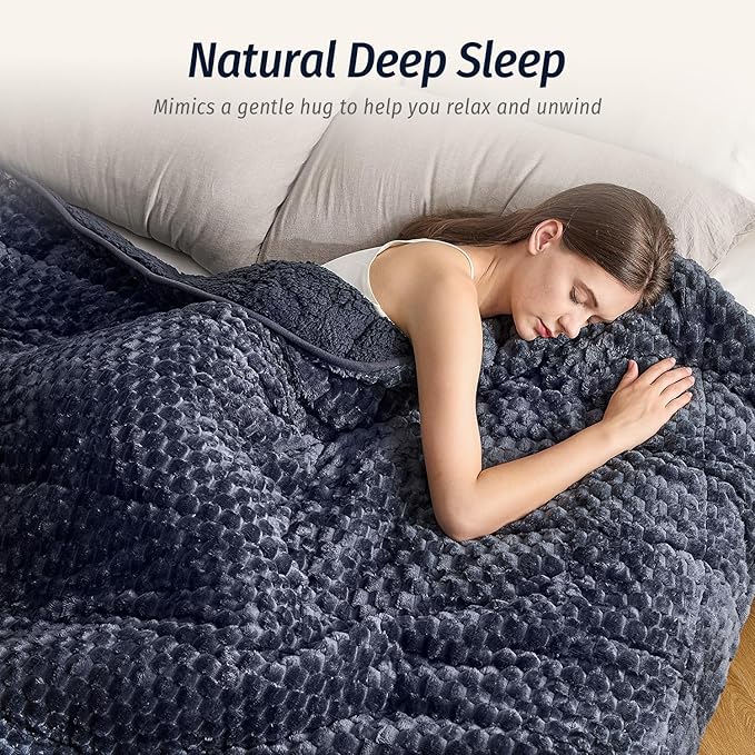 Wemore Fleece Weighted Blanket for Adults (60" x 80" 15lbs, Grey-Blue), Dual Sided Cozy Soft Sherpa Heavy Blanket, 3D Imitation Turtle Shell Warm Jacquard Flannel Weighted Blankets for Couch and Bed