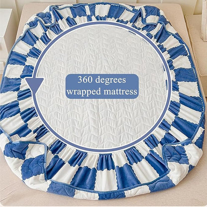 Milk Velvet Checkered Bedding Mattress Cover, Super Soft Elastic Bed Sheets with Pillowcase - Washable 12'' Deep Pocket Mattress Pad