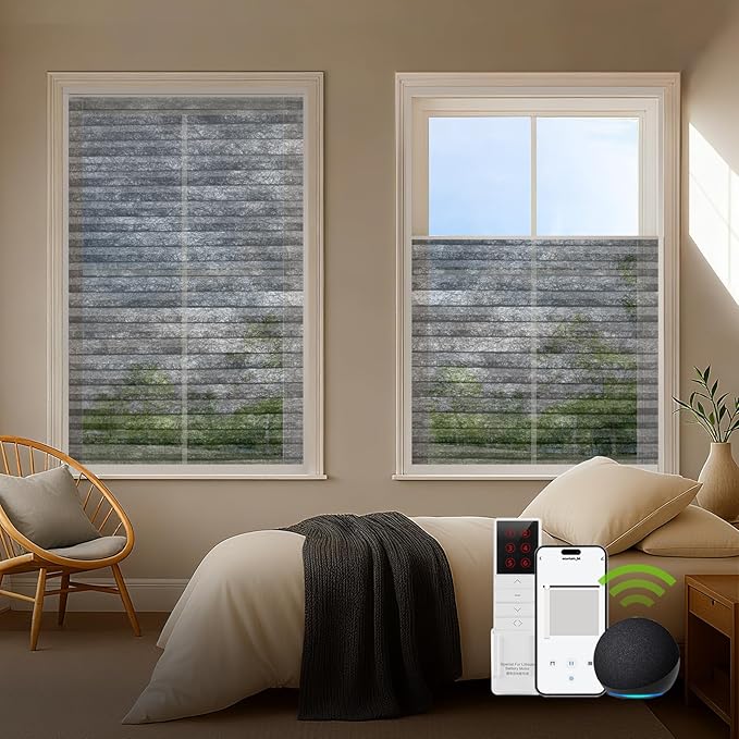 ZSTARR Motorized Skylight Shades Blackout Cellular Honeycomb Electric Blinds with Solar Panel Cordless Rechargeable with Remote for Roof and Slanted Windows Custom Size (Sheer Silver Steel)